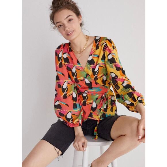 Farm Rio x Anthropologie Toucan Tropical Rainforest Wrap Blouse Size XS - Picture 1 of 15